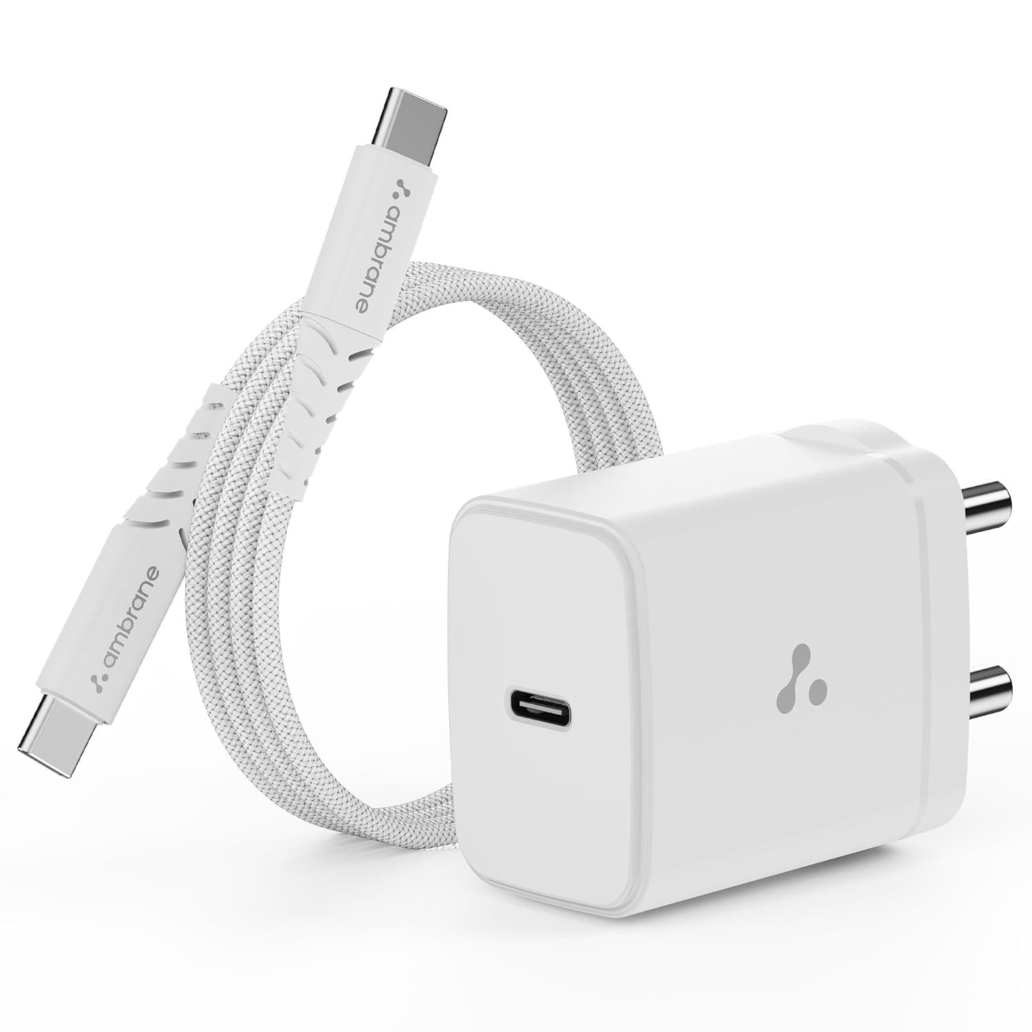 Ambrane 25W GaN mobile charger with USB-C port and charging cable