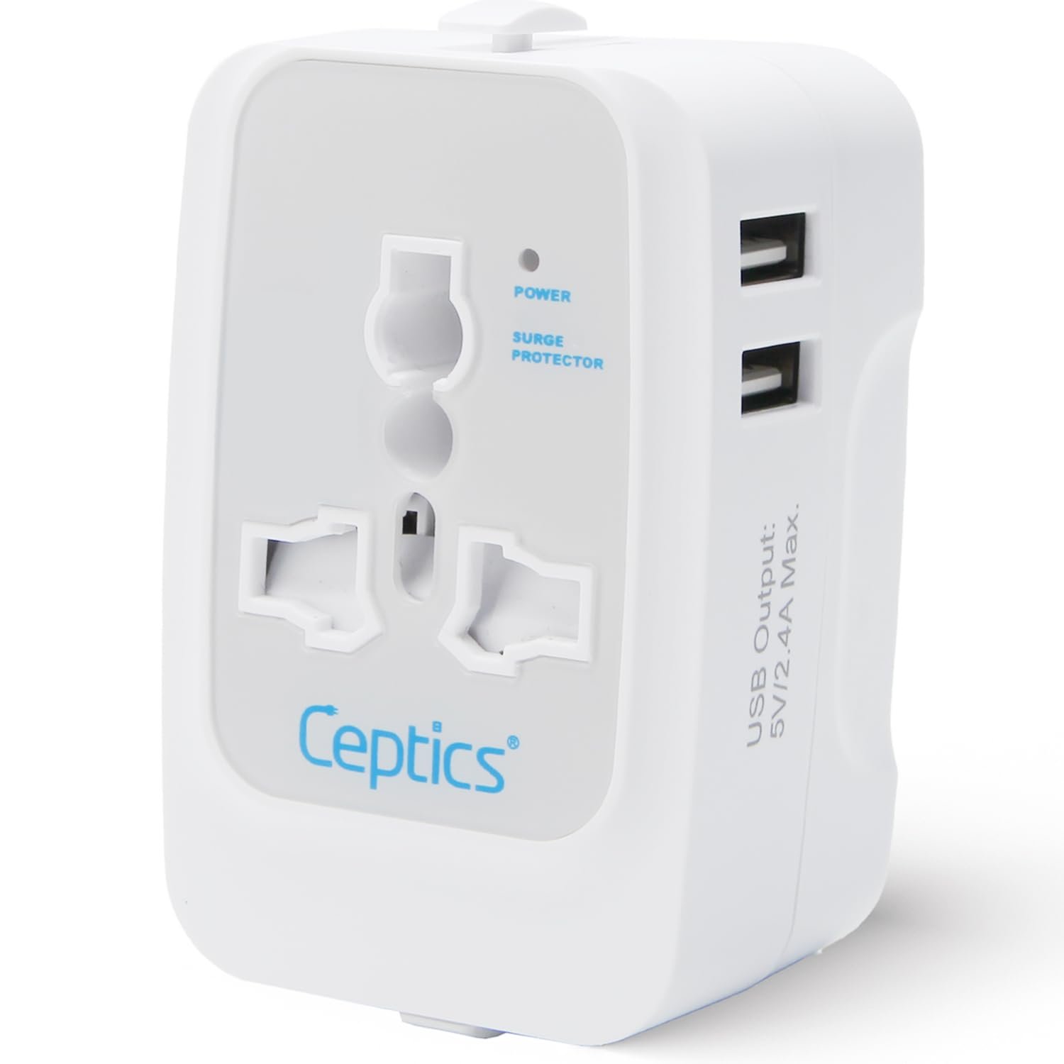 Ceptics universal travel adapter with three plug options and two USB ports