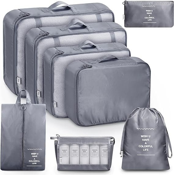 Flyngo 8-piece grey travel organizer packing cube set with toiletry bags