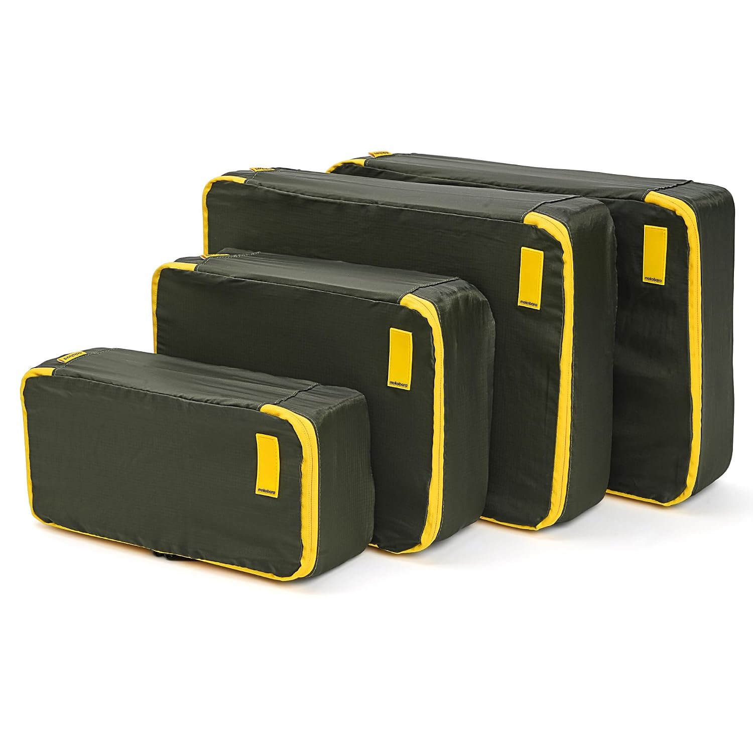 MOKOBARA set of four black nylon packing cubes with yellow trim