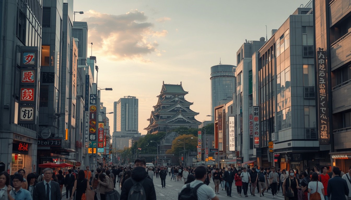 Osaka Castle and modern Osaka city skyline