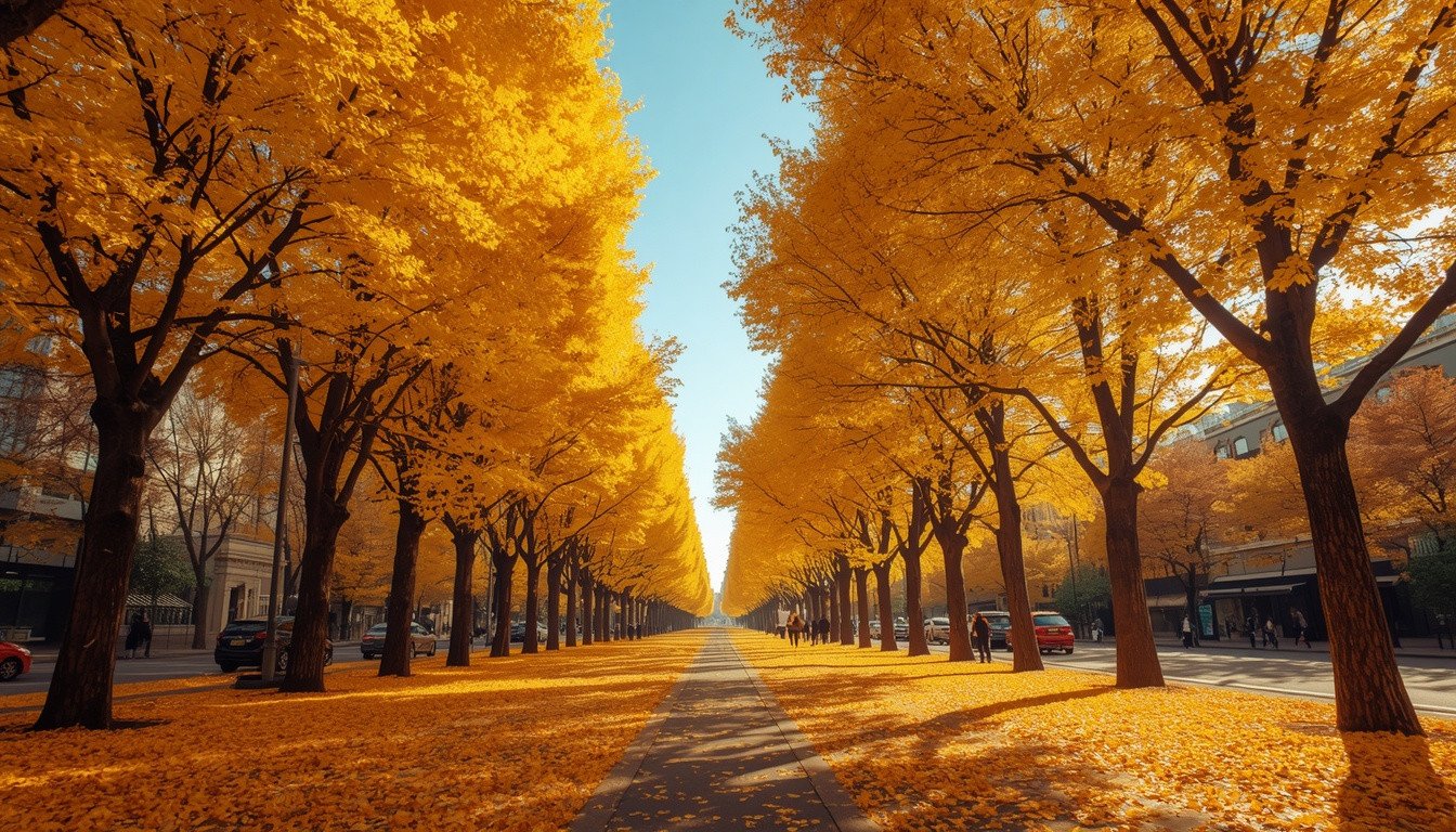 A wide avenue in Tokyo lined with symmetrical, tall ginkgo trees displaying vibrant golden-yellow autumn foliage under a bright blue sky.