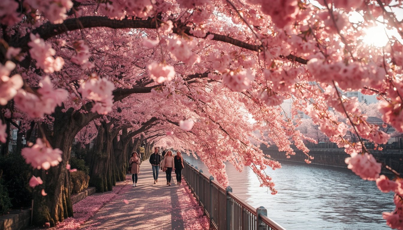 A scenic walkway along the Meguro River in Tokyo lined with vibrant pink cherry blossom trees in full spring bloom under warm afternoon sunlight.