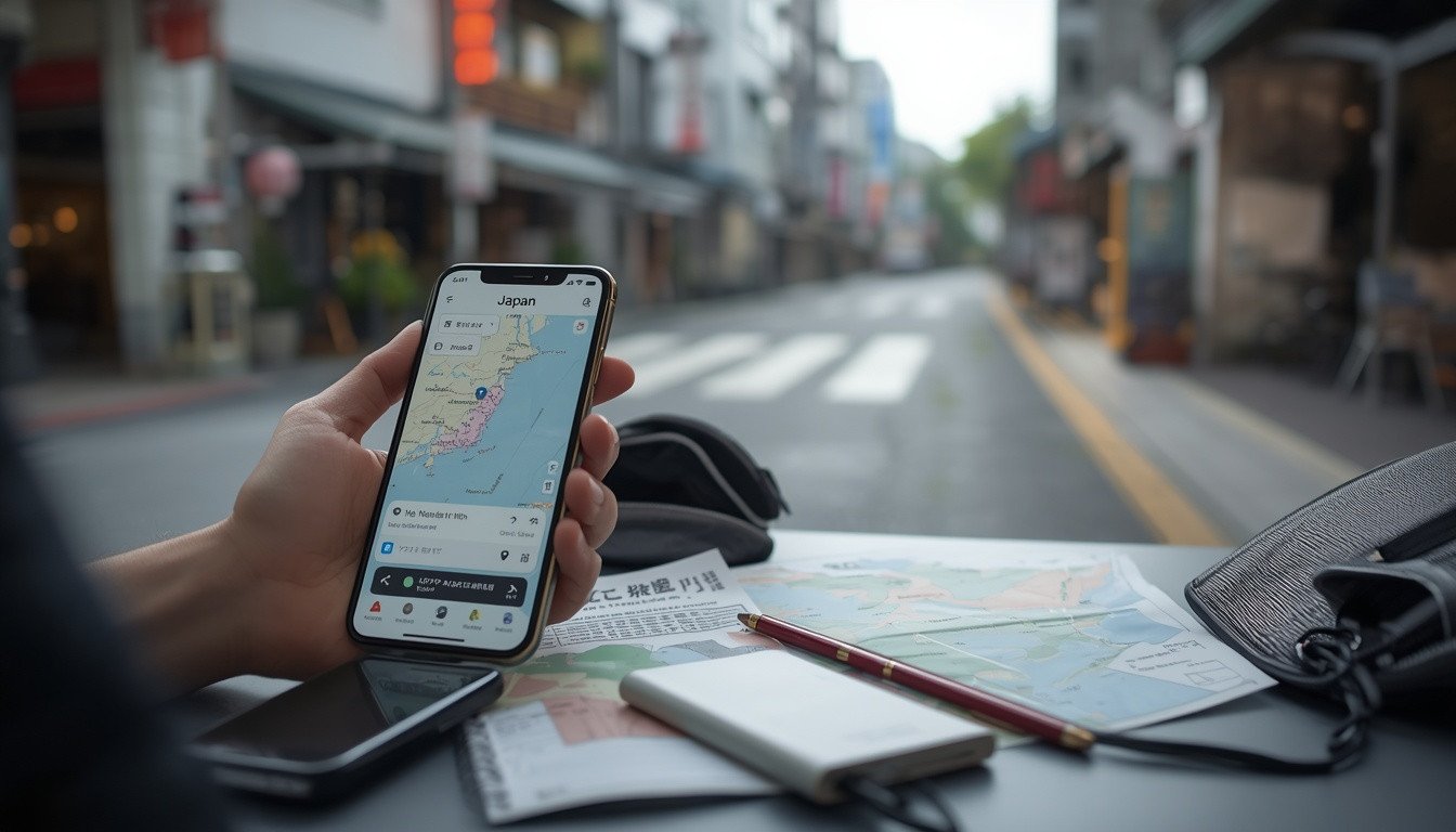 Smartphone and travel map used for navigating Japan
