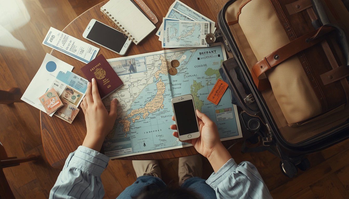 Traveler preparing a Japan trip with a map and organized luggage