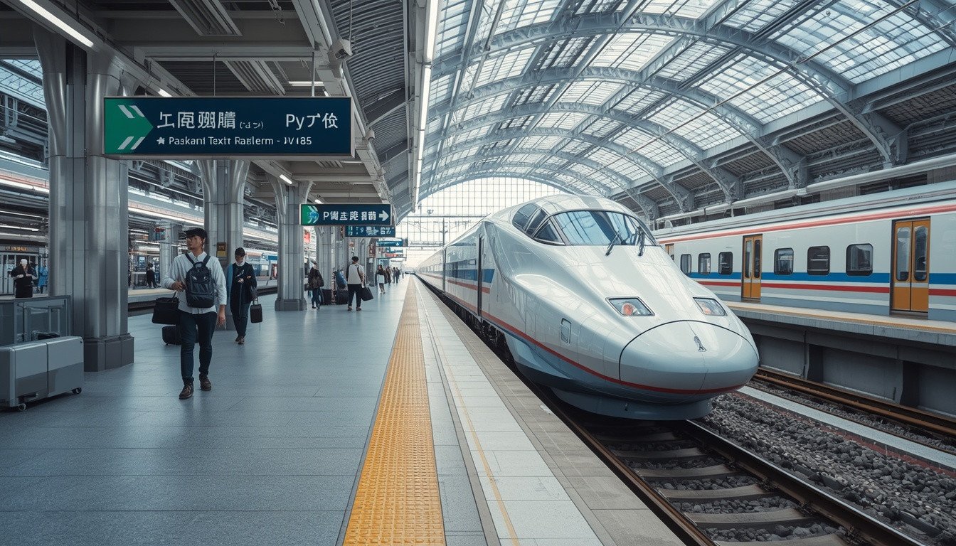 Shinkansen bullet train at a Japanese railway station