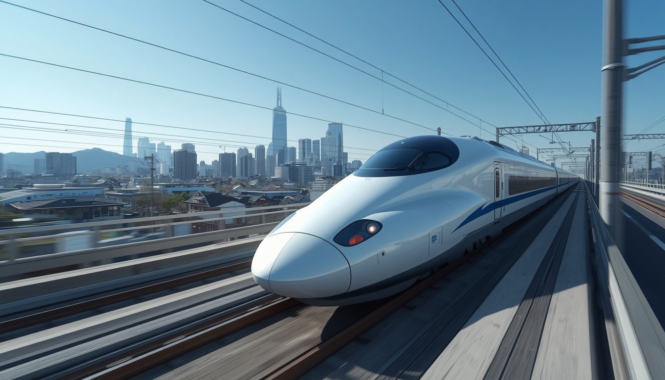 A sleek white Shinkansen bullet train speeding along elevated tracks with the modern Tokyo city skyline in the background under a clear blue sky.