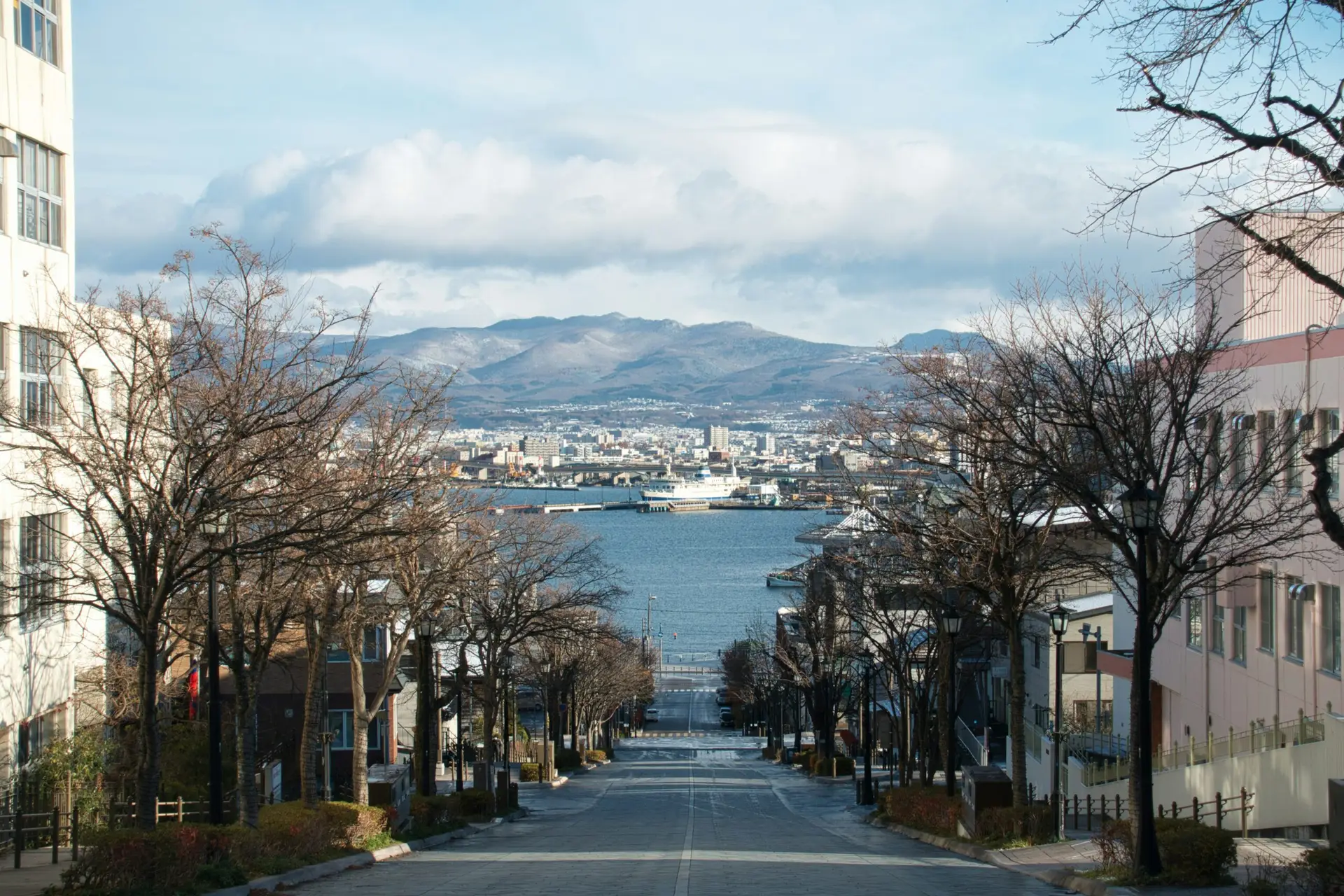 View looking down the wide Hachiman-zaka tree-lined street slope toward the blue sea harbor and distant mountains in Hakodate, Hokkaido.
