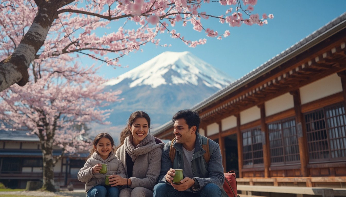 An Indian family sits outside a traditional wooden Japanese tea house smiling together, with a snow-capped Mount Fuji rising behind pink cherry blossoms.