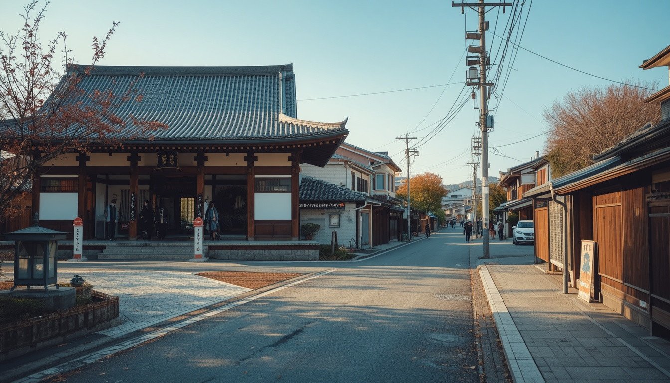 Peaceful Japanese neighborhood near a traditional temple