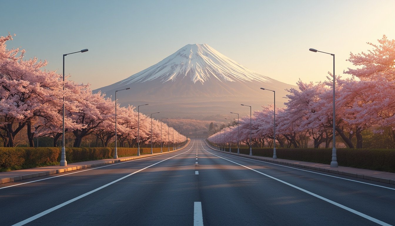 A scenic empty road in Japan lined with blooming pink cherry blossom trees, curving toward the majestic snow-capped peak of Mount Fuji under a golden morning sky.