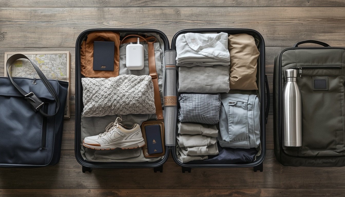 Suitcase packed with travel essentials for a trip to Japan