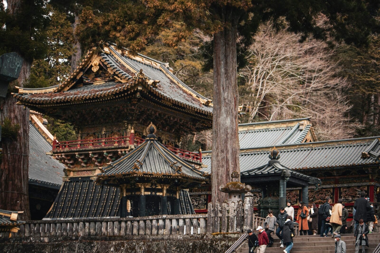 View of the ornate, multi-layered black and gold Shinkyosha stable building at Nikko Toshogu Shrine with visitors walking on the stone pathways.