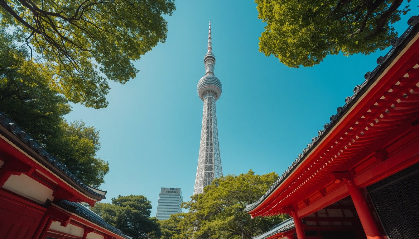 The historic red wooden structures of Senso-ji Temple in Asakusa contrasting with the ultra-modern Tokyo Skytree towering in the background under a clear blue sky.