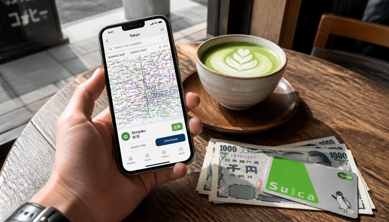 A first-person view of a traveler's hand holding a smartphone showing a Tokyo transit app over a table with Japanese yen cash and an IC train card.