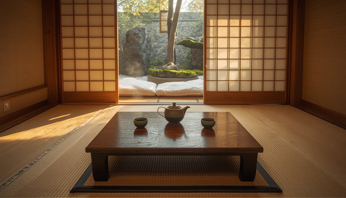 Interior of a traditional Japanese ryokan room in Tokyo featuring tatami mats, a low wooden tea table, and an open shoji screen revealing a green garden.