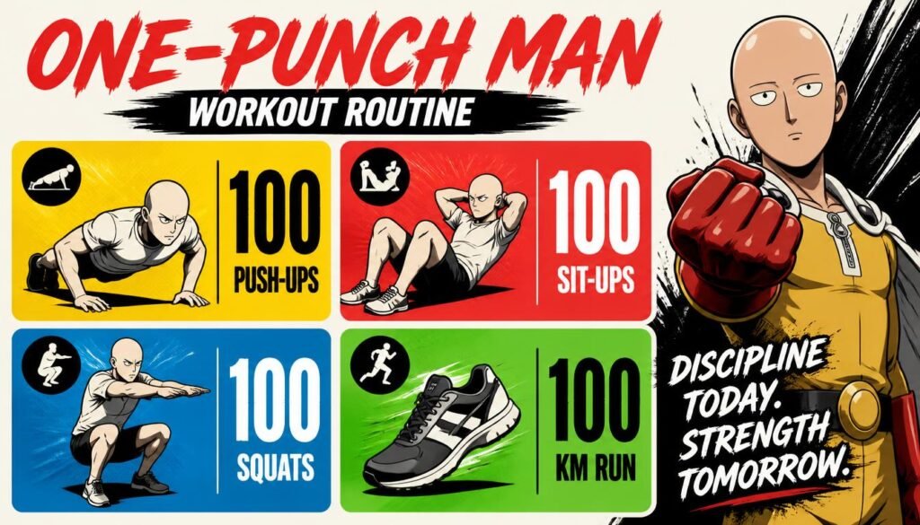 A minimalist graphic layout displaying the famous 100 push-ups, sit-ups, squats, and 10km run anime workout challenge.
