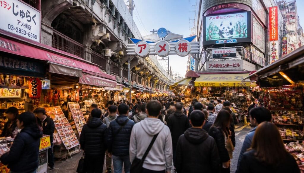 Ameyoko market street in Ueno lined with food stalls and shops"