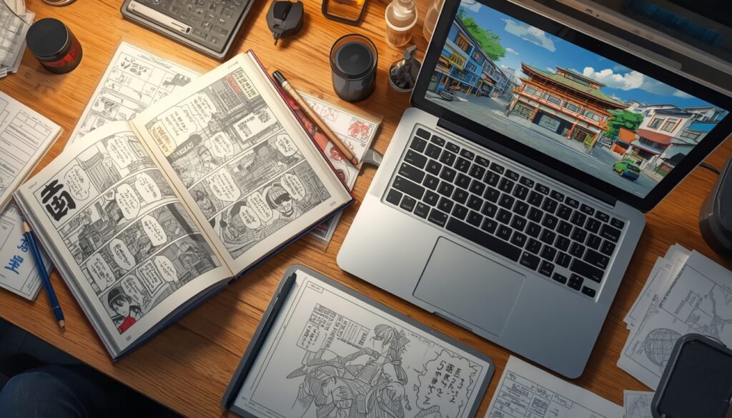 Manga book beside a screen showing an animated scene