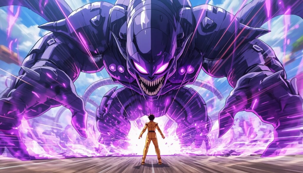 An intense anime action battle sequence featuring a giant cosmic monster fighting a hero in a yellow suit.
