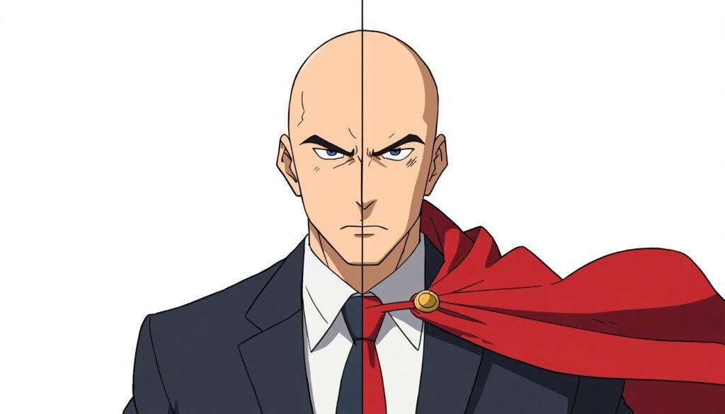Graphic showing the contrast of Saitama as a normal salaryman versus his transformation into a powerful superhero.
