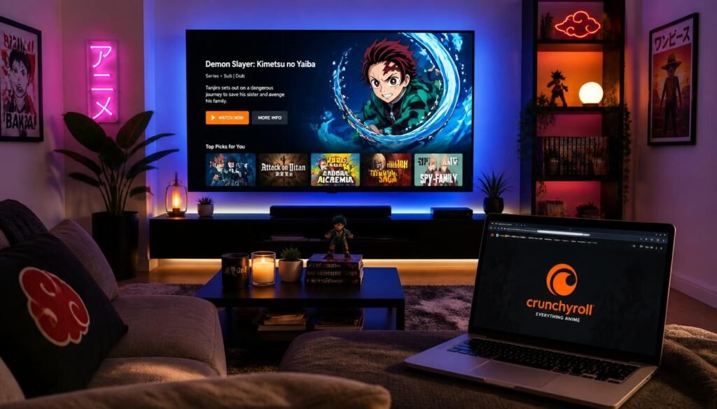 A cozy home entertainment room displaying an anime streaming platform interface on a smart TV screen.
