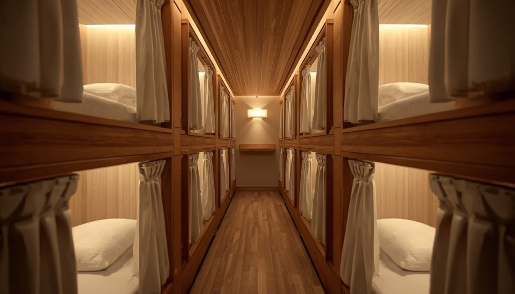Modern capsule hotel interior in Japan with stacked sleeping pods"