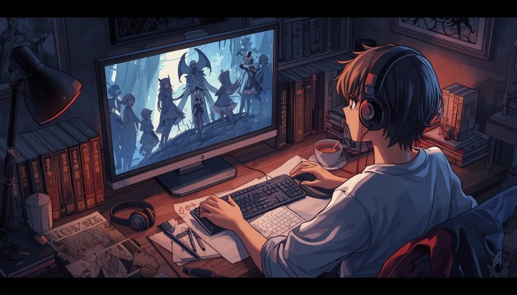Anime fan watching a fantasy series at home