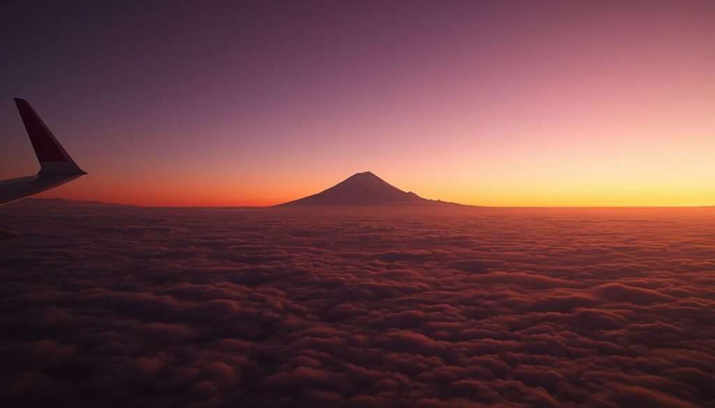 Airplane window view of Mount Fuji above the clouds on a flight to Japan"