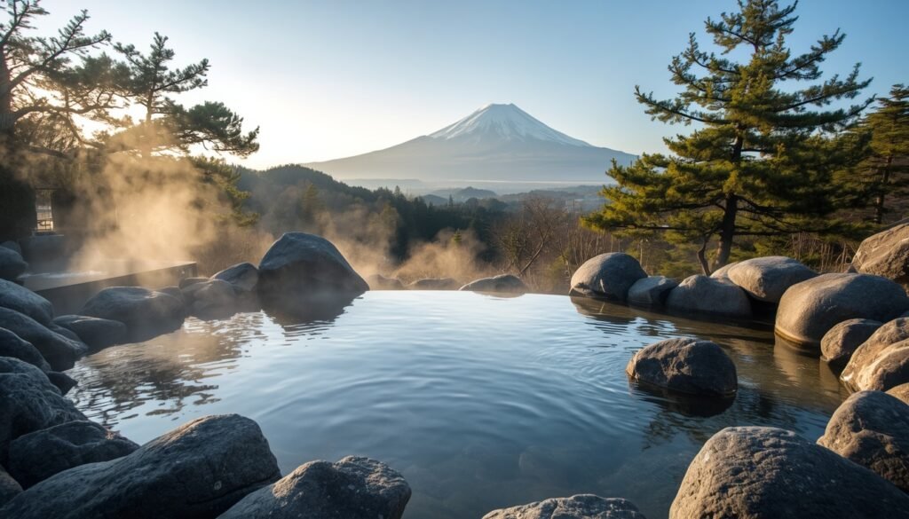 Outdoor onsen hot spring in Hakone with steam and Mount Fuji in the distance"
