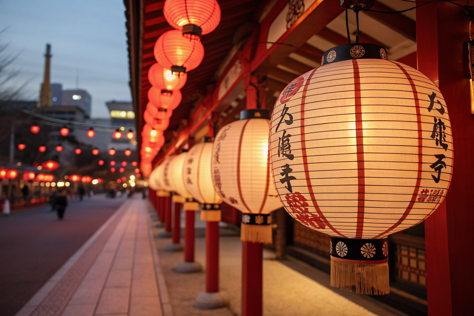 Traditional festival hanging lanterns at twilight