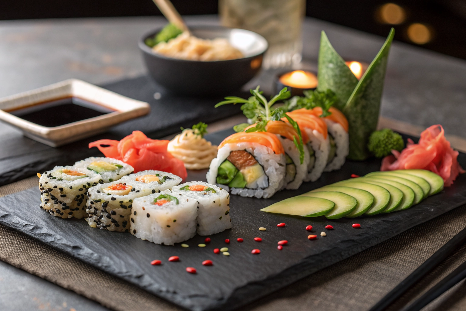 Fresh authentic sushi platter with wasabi
