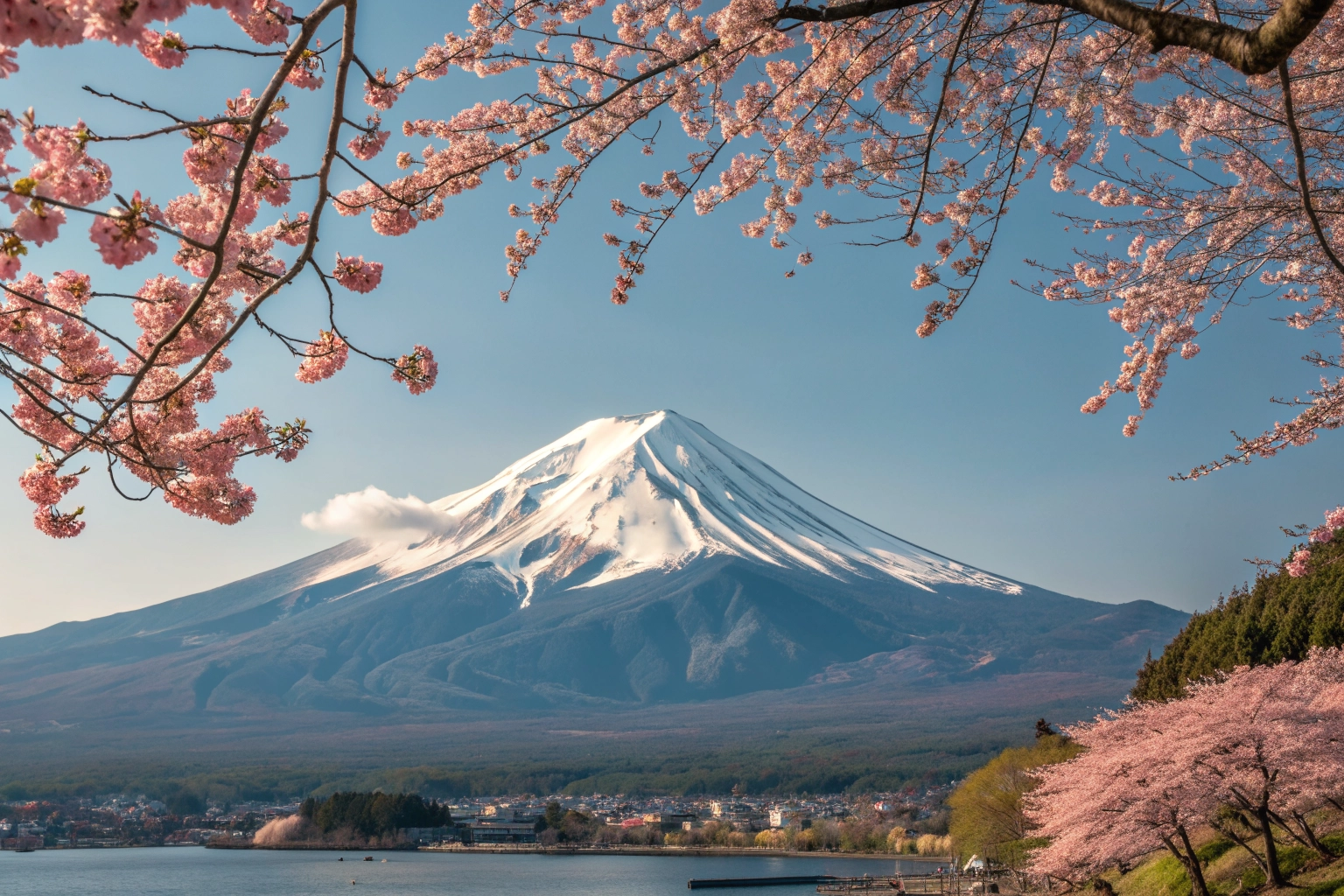 Mount Fuji framed by spring cherry blossoms