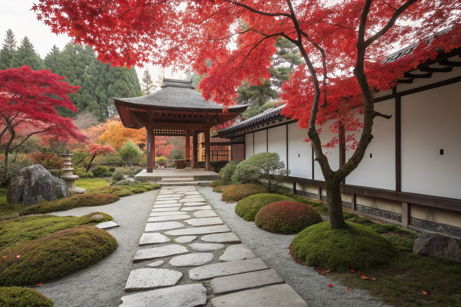 Kyoto temple garden with historic stone bridge and vibrant autumn maple leaves reflection