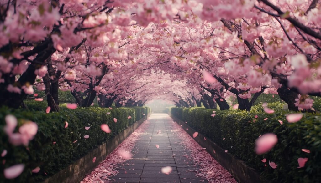 "Cherry blossom trees in full bloom along a Kyoto path in spring"
