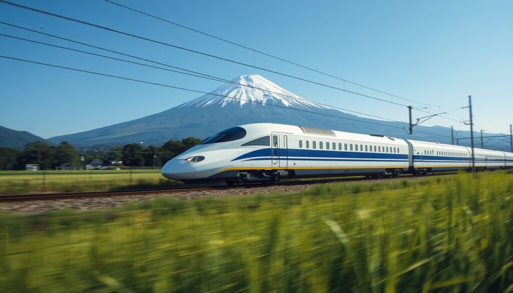 Shinkansen bullet train passing Mount Fuji, a popular route for JR Pass travelers"

