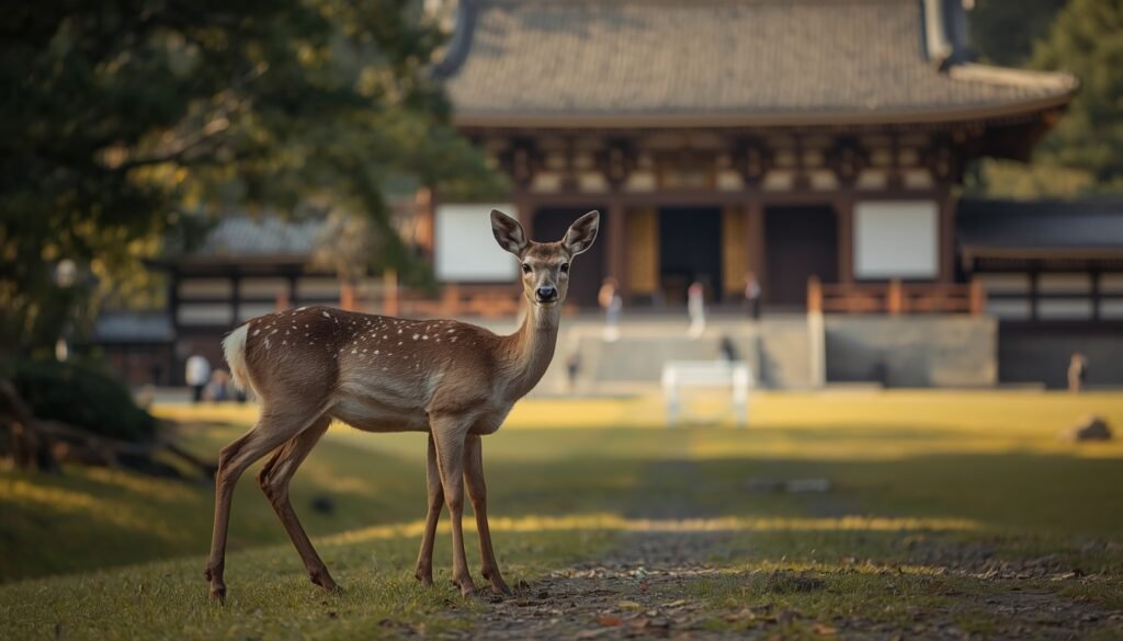 Friendly deer in Nara Park with Todai-ji temple in the background"
