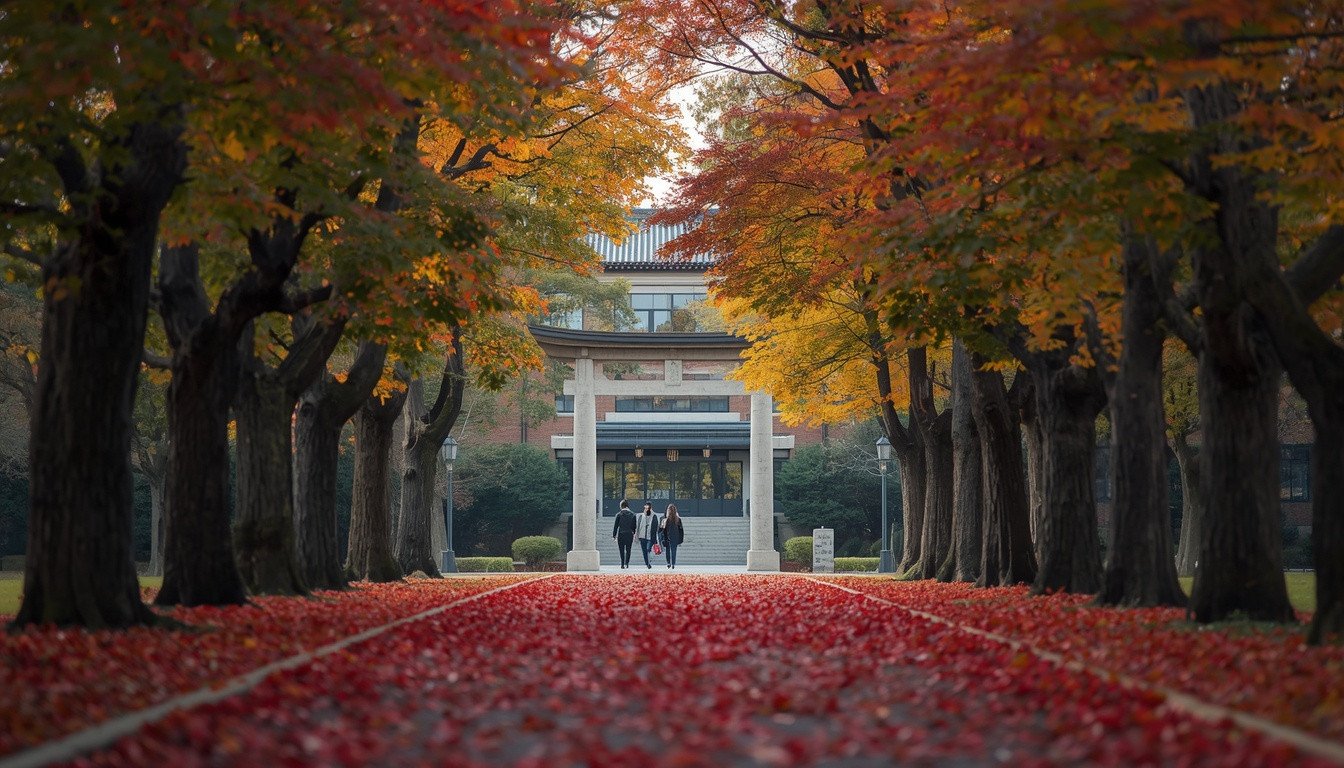 Tree-lined campus path at a national university in Japan in autumn