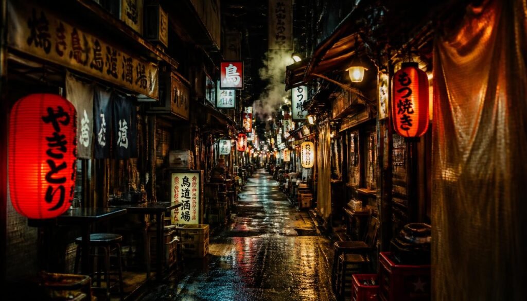 Omoide Yokocho alley in Shinjuku lit up with lanterns at night"