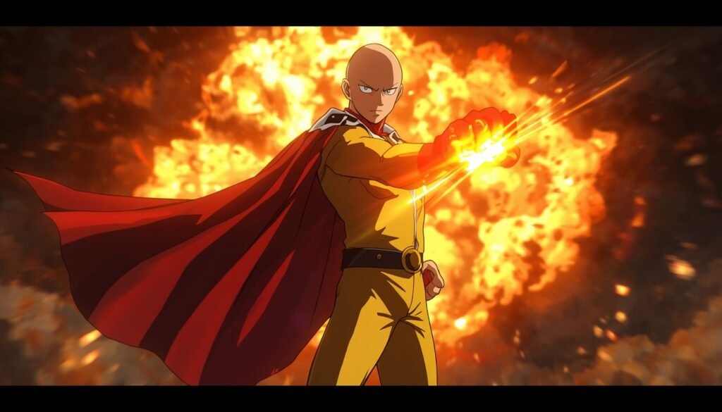 Saitama from One-Punch Man in his yellow costume extending a powerful punch with explosive energy background.
