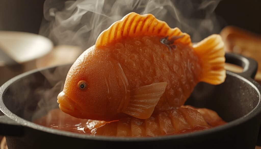 Freshly made taiyaki fish-shaped cake filled with red bean paste"