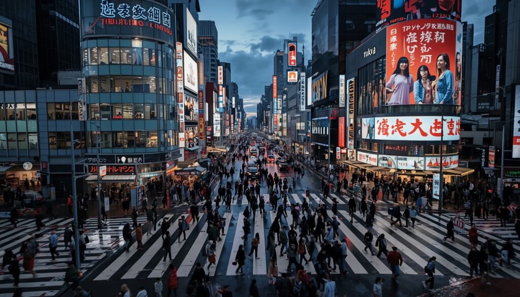 Shibuya Crossing in Tokyo at dusk with neon lights and crowds"