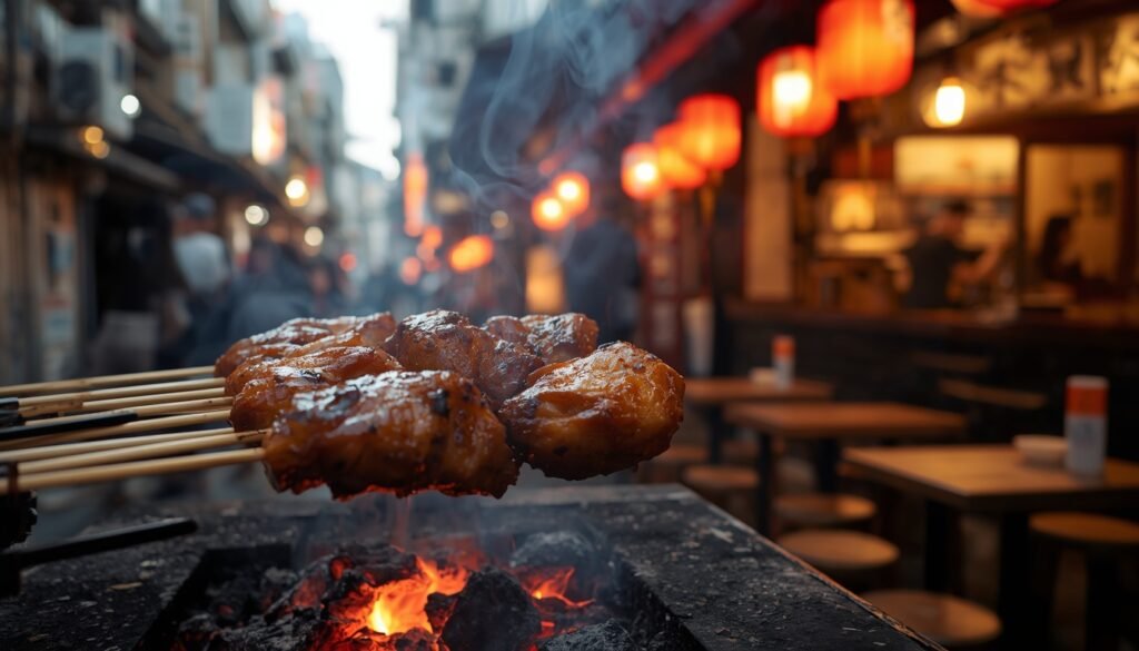Yakitori chicken skewers grilling over charcoal at a Tokyo street food stall"