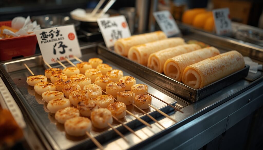 Fresh seafood and tamagoyaki skewers at Tsukiji Outer Market stall"