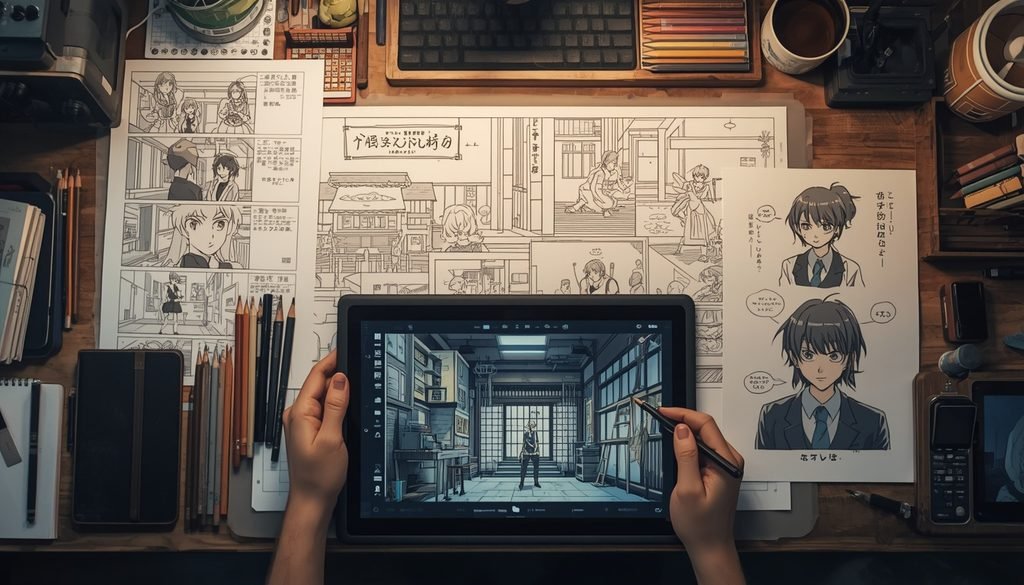 Artist working on Japanese animation artwork